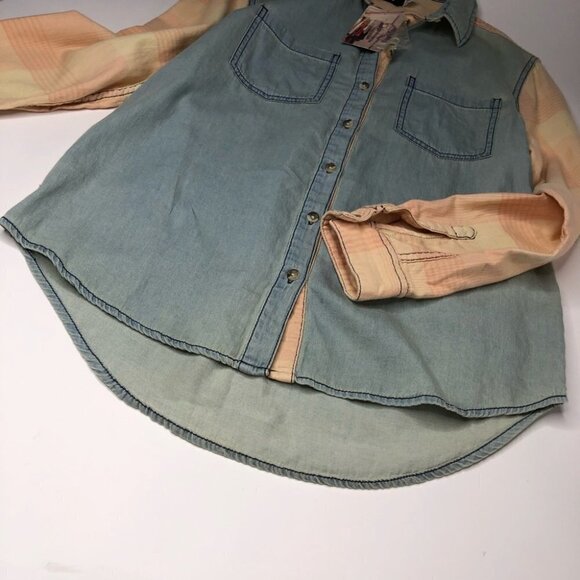 NEW BDG Frankie Chambray Plaid Peach Light Denim Flannel Button-up Western Shirt - Picture 9 of 15